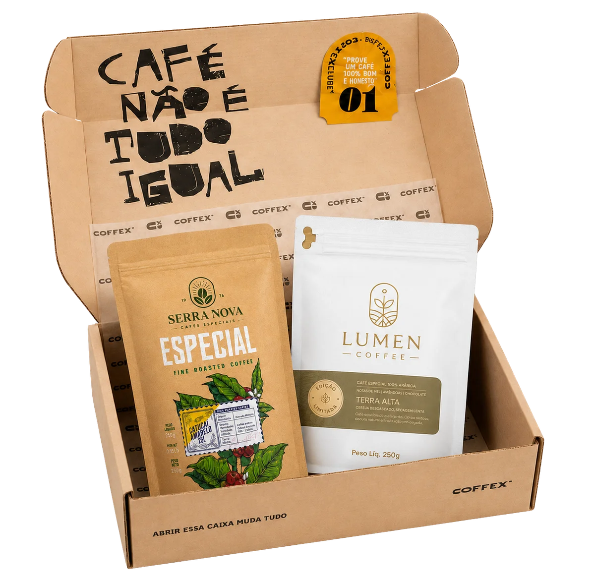 Caixa Coffex aberta com dois cafés especiais e a mensagem Abrir essa caixa muda tudo