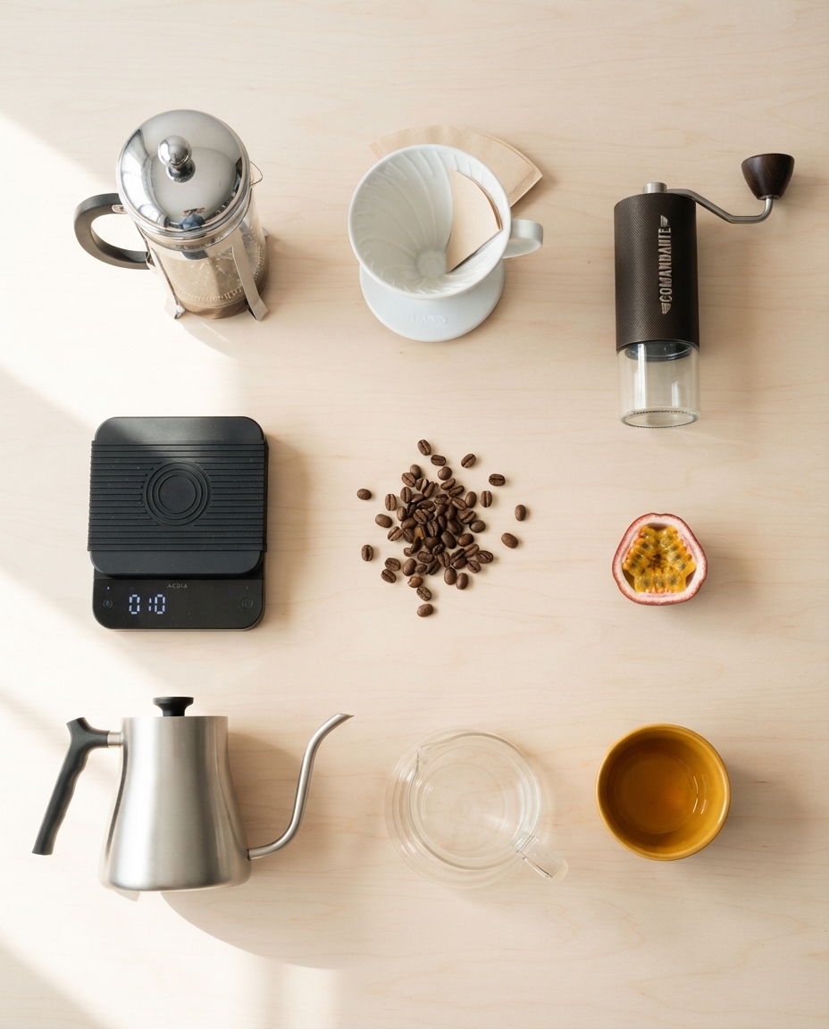 Instrumentos de café especial: prensa, coador, moedor, balança e chaleira