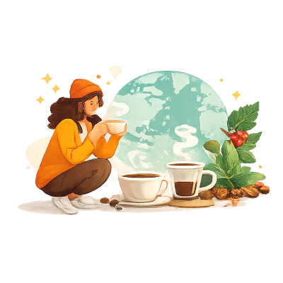 Ilustração de pessoa provando cafés de origens diferentes