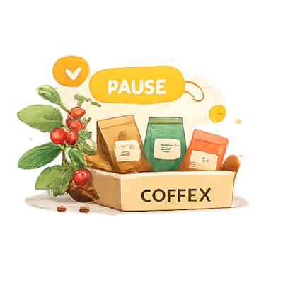 Ilustração de caixa Coffex com etiqueta de pausa