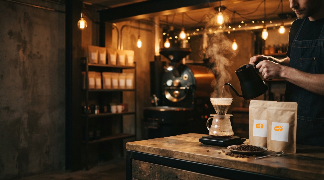 Barista servindo café especial no coador, no balcão de uma torrefação, com sacos Coffex ao lado